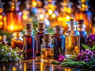 Essential Oils in Dark Bottles - Macro Photography for Aromatherapy & Wellness