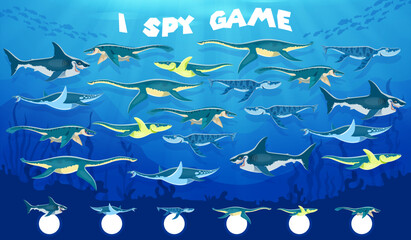 I spy game worksheet with prehistoric sea underwater dinosaurs. Kids vector paleontology riddle. How many cartoon marine reptiles in the ocean. Children test, education task for kid mind development