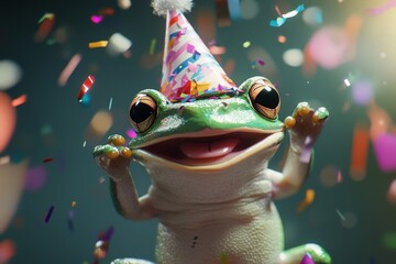 Happy Frog Birthday Celebration - Joyful frog in party hat, confetti, celebration, fun, happiness.
