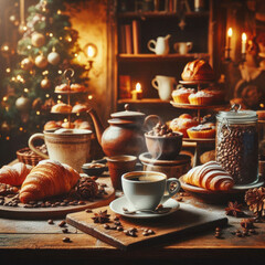 cozy coffee scene featuring steaming cup, pastries, and festive decor. warm ambiance is enhanced by Christmas tree and soft candlelight, creating delightful atmosphere