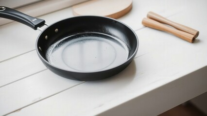 Modern Kitchen Essentials: Stylish Black Non-Stick Frying Pan with Cinnamon Sticks on a Clean White Countertop