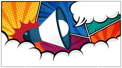 horizontal comic speech bubble with megaphone on a vibrant pop art background flat design