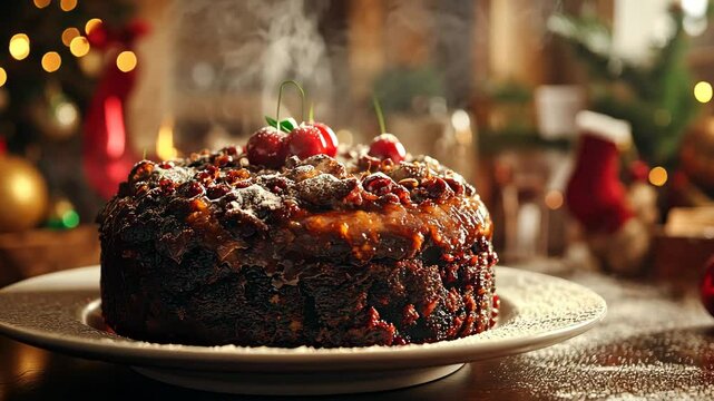 Cooking a traditional Christmas pudding in a steamy kitchen, with a festive table setting in the background. 4K Video