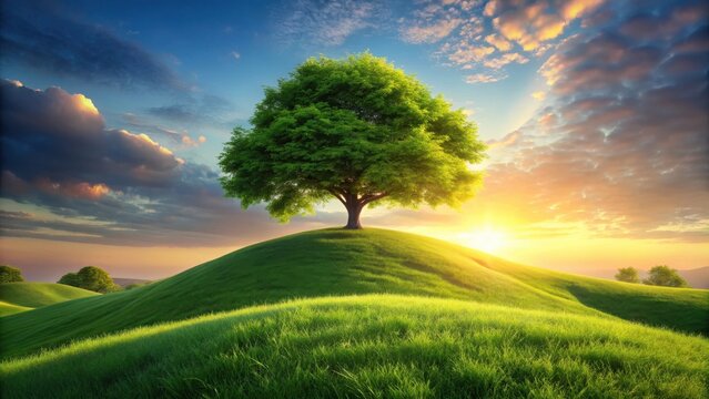 A solitary tree stands tall on a grassy hill, basking in the warm glow of a golden sunset, casting long shadows across the rolling landscape.