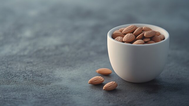 Minimalist composition of almond milk in a modern white cup, isolated on a textured grey background