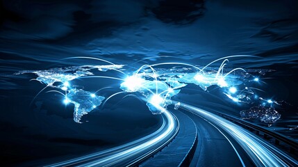 Futuristic global connectivity and digital infrastructure concept with world map network lines and abstract energy flow  Technology data and communication for international business and economy