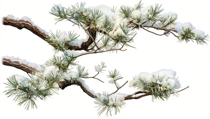 A snow-covered pine branch, in the style of traditional painting