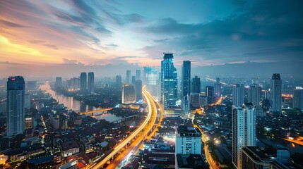 Fototapeta premium Mesmerizing cityscape with towering skyscrapers illuminated skyline and tranquil river bridge reflecting the vibrant lights at nightfall