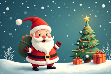 Cheerful Santa with Christmas Tree and Gifts