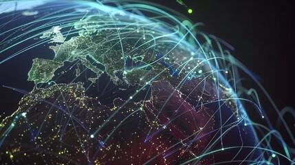 of a global digital network with interconnected world glowing lines and lights representing data information and communication flow across the planet