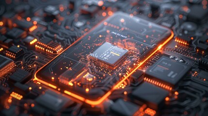 Fototapeta premium Vibrant and futuristic electronic circuitry backdrop featuring glowing processors interconnected microchips and a dynamic luminous network of digital components