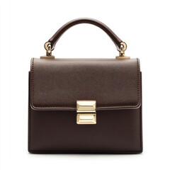 A stylish brown handbag with a structured design and gold accents.