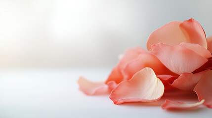 Soft pink rose petals on a white background. Minimal floral composition with copy space. Romantic and elegant concept for articles, blogs, greeting cards, and advertising.  