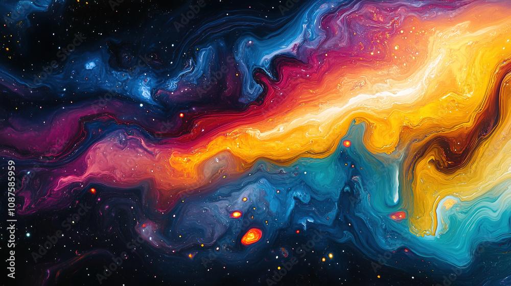 Poster a vibrant cosmic nebula filled with swirling colors and stars in the vastness of space captured in a