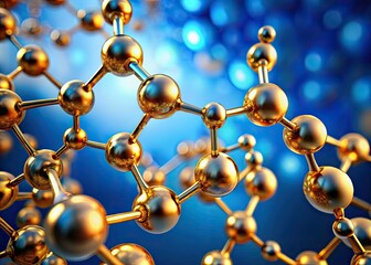 Golden Molecular Chain Close-Up on Blue Background for Molecular Cosmetics Innovations in Health and Beauty