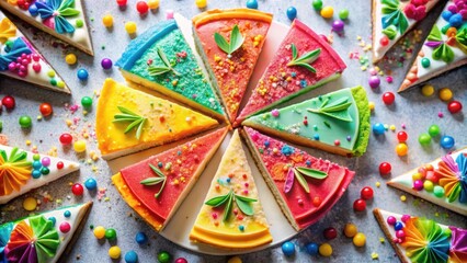 Fototapeta premium A colorful rainbow of cheesecake slices, decorated with delicate green sprigs and scattered with rainbow sprinkles, sits on a white plate surrounded by colorful candies.