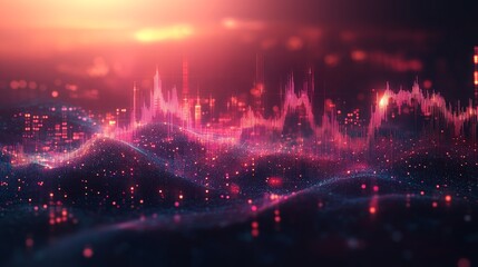 Fototapeta premium Abstract city landscape with glowing data waves.