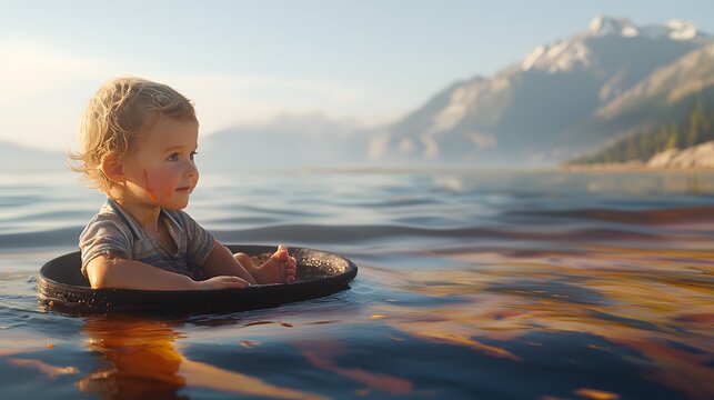 A shot of a child playing on an oil-stained beach, unaware of the dangers. 