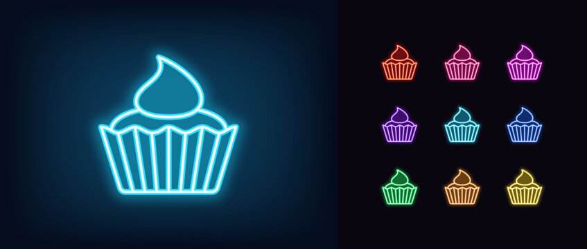 Outline neon cupcake icon set. Glowing neon cupcake with cream, chocolate muffin. Festive dessert, sweet muffin, birthday cake, pastry shop, tasty bakery, confectionery. Vector icons