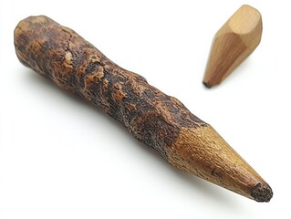 A wooden pencil and a sharpened wooden tip, showcasing natural materials for writing.