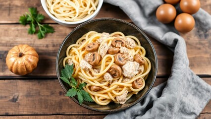 Delicious Chicken Pasta Dish with Mushrooms and Creamy Sauce, Perfect for a Cozy Dinner or Lunch, Served on a Rustic Wooden Table