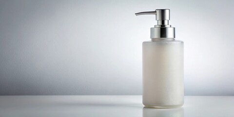 Obraz premium A frosted glass pump bottle with a silver cap on a white surface with a white background