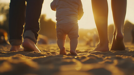 A baby learning to walk on the sand at the beach with his parents under the sunset light