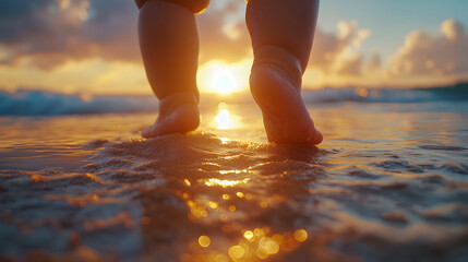 Close up of a baby's child learning to walk in a sand at the beach with sunset light