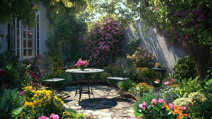 Fototapeta premium Cozy garden corner with a table and two chairs, surrounded by lush greenery and colorful flower beds.