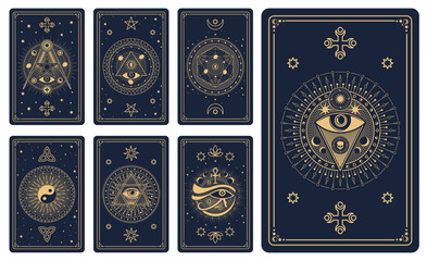 Magic tarot cards with astrological, occult, mystical symbols. Vector boho style witchcraft, spiritual cards with esoteric golden signs of pyramid, cross, all-seeing eye, stars and celestial patterns