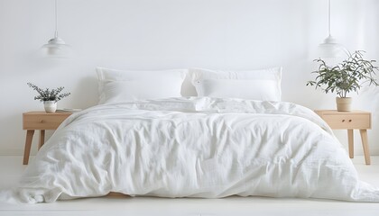 White Bedroom with Crisp Linens and Wooden Accents