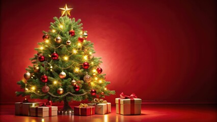 Obraz premium A beautifully decorated Christmas tree with twinkling lights, glittering ornaments, and presents wrapped in festive red and gold paper, all set against a vibrant red background.