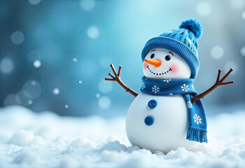 Funny snowman in blue hat and knitted scarf in snow. New Year concept