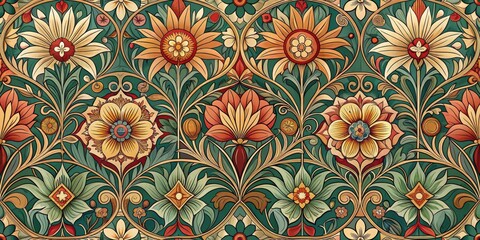 A vintage botanical pattern of intricate floral designs, featuring various blooms, leaves, and swirling stems, creating a decorative and elegant tapestry.