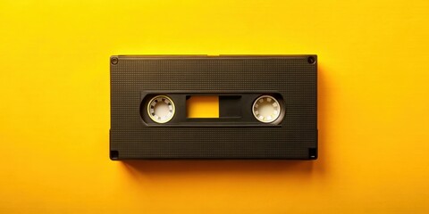 Fototapeta premium A vintage VHS video cassette on a yellow background, a symbol of the past era of home entertainment