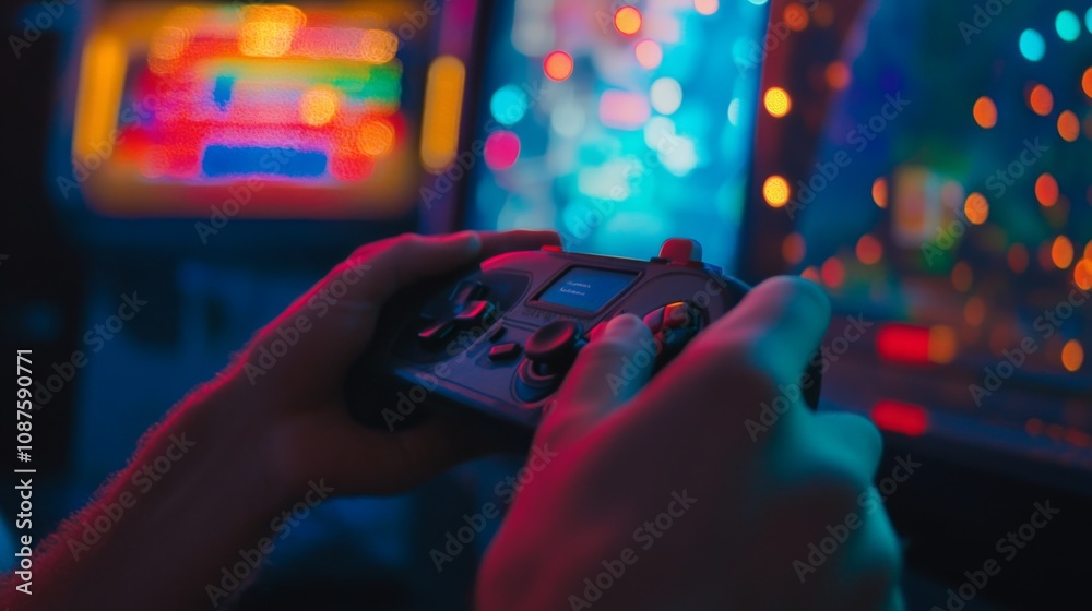 Aufkleber in a colorful arcade setting filled with blinking lights, a player grips a video game controller wit