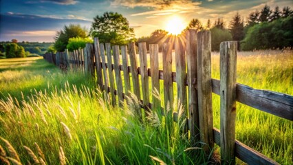 Obraz premium A rustic wooden fence stands tall against a backdrop of vibrant green grass and a breathtaking sunset, casting long shadows and creating a picturesque scene.