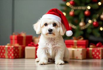 Cute puppy in a red Santa Claus hat on New Year's Eve