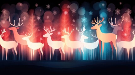 Festive reindeer silhouettes in enchanted winter forest with glowing lights