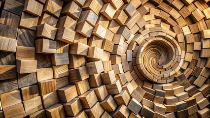Fototapeta premium A swirling vortex of wood, constructed from stacked blocks of varying sizes and grains, creates a mesmerizing optical illusion.