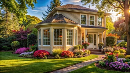 A charming yellow house with a sunlit front porch and a beautiful garden overflowing with vibrant flowers and lush greenery.