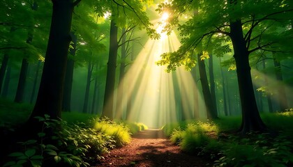 Fototapeta premium Lush forest with vibrant green trees, sunlight streaming through the canopy, and dappled light on the forest floor