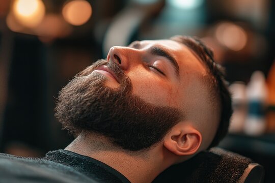 Handsome bearded man relaxing while barber is styling his beard in barbershop