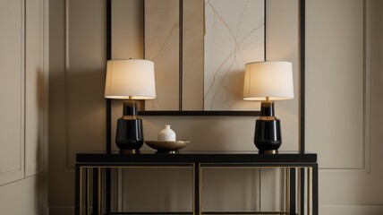 Here's a  and keyword list for your stock image.. Elegant black lamps on a modern console table.