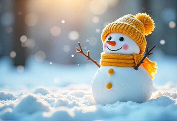 Funny snowman in a knitted hat and scarf in the snow. New Year concept
