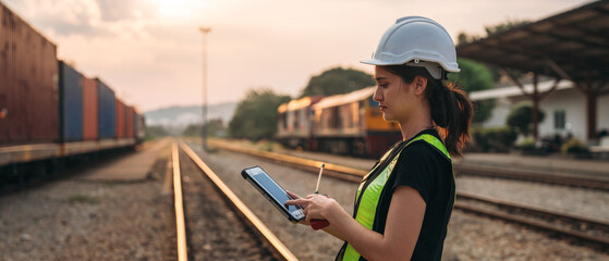 Foreman inspecting inventory or task details on freight train cars and shipping containers,...