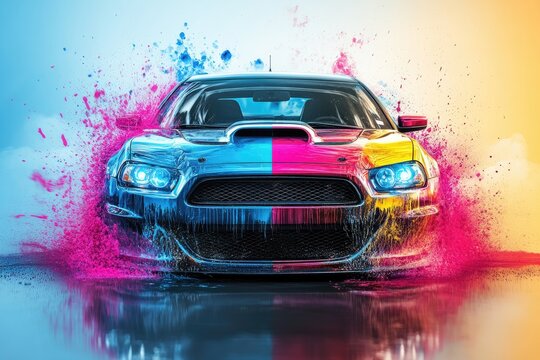 Sports car covered in vivid paint splash reflecting on wet asphalt
