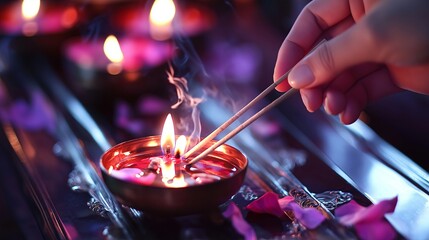 A close-up of hands lighting incense sticks for meditation.