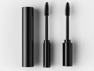 A minimalistic view of a mascara tube and two applicators for cosmetic use.