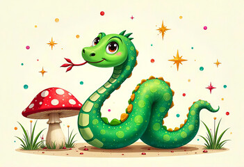 Obraz premium Illustration of a cartoon green snake with a fly agaric
